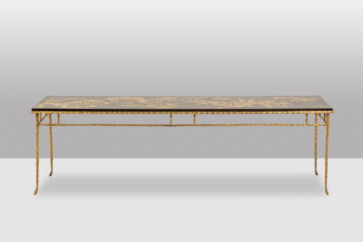 photo for sale Maison Baguès. Coffee Table In Bronze, Black Lacquer, Gold Decoration. Circa 1970