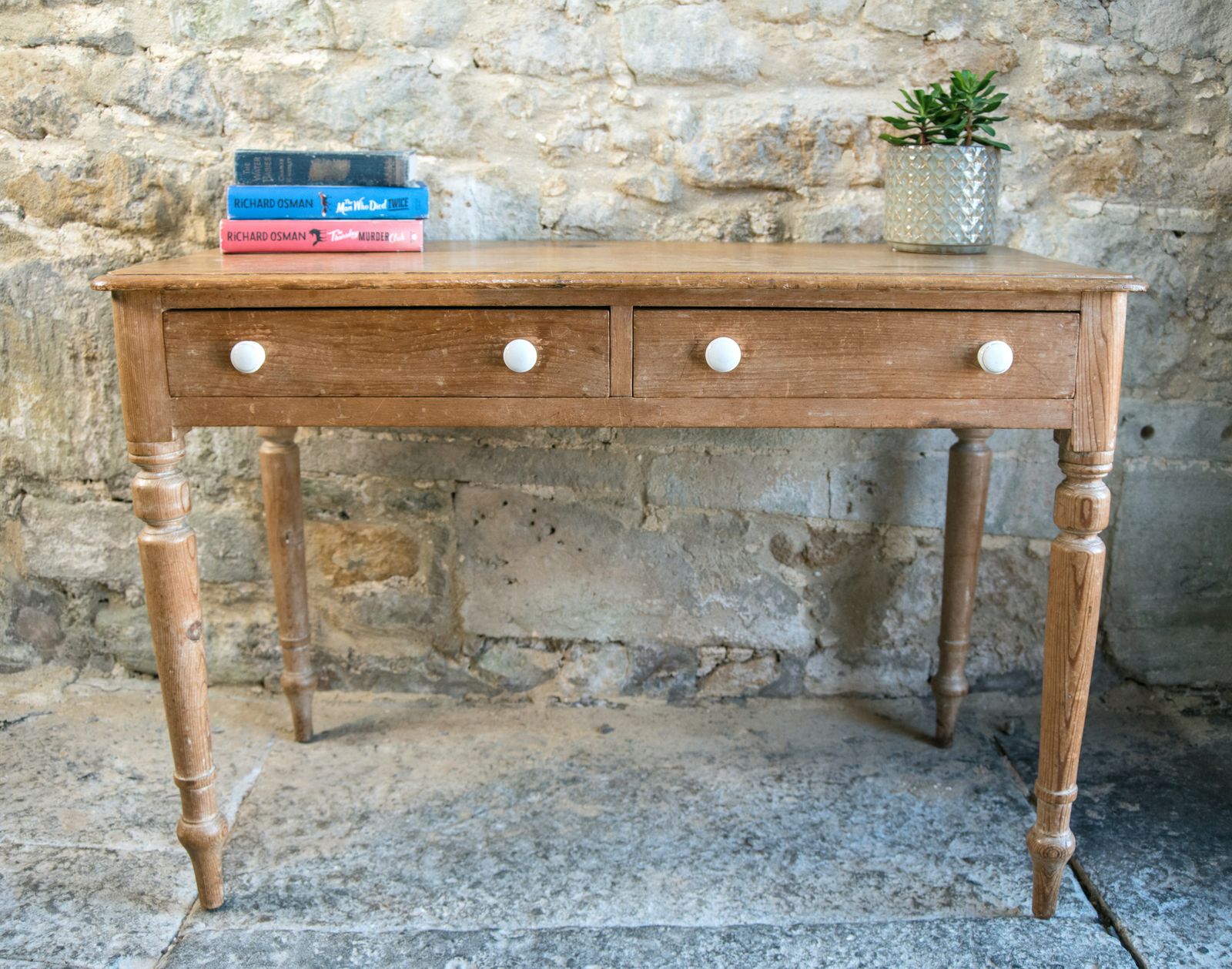 Antique Pine Console With Drawers & White Knobs   Farmhouse Style photo for sale