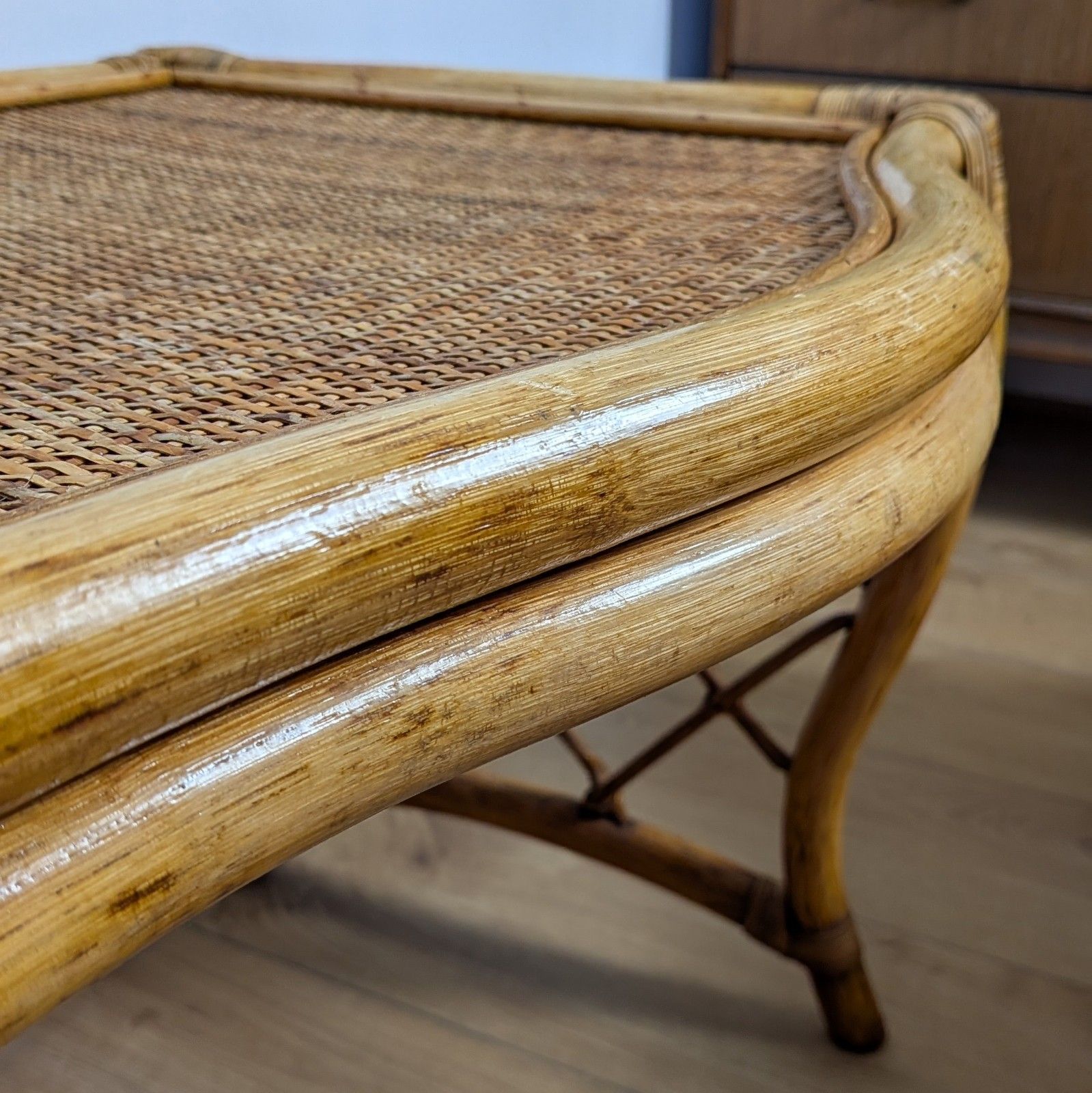 Furniture Mid Century Bamboo & Rattan Nest Of Tables | Scalloped Arch | Boho Tiki Vintage photo