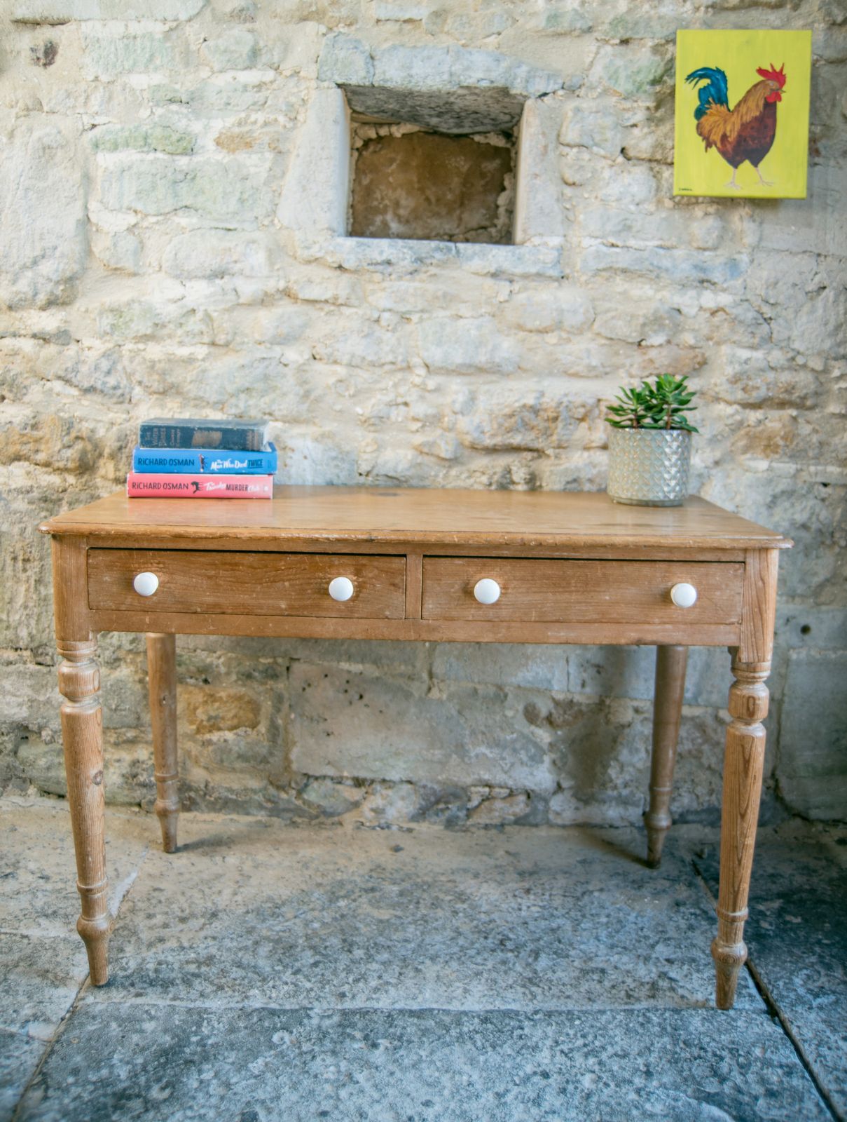 Antique Pine Console With Drawers & White Knobs   Farmhouse Style photo vinterior