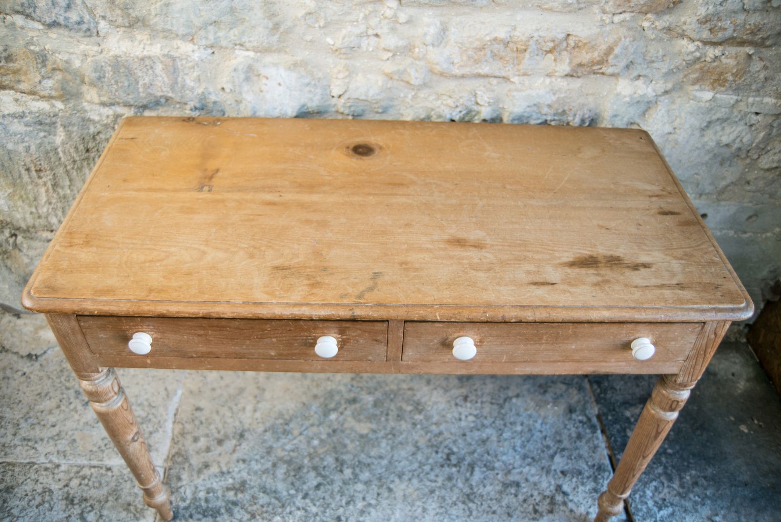 photo furniture Antique Pine Console With Drawers & White Knobs   Farmhouse Style