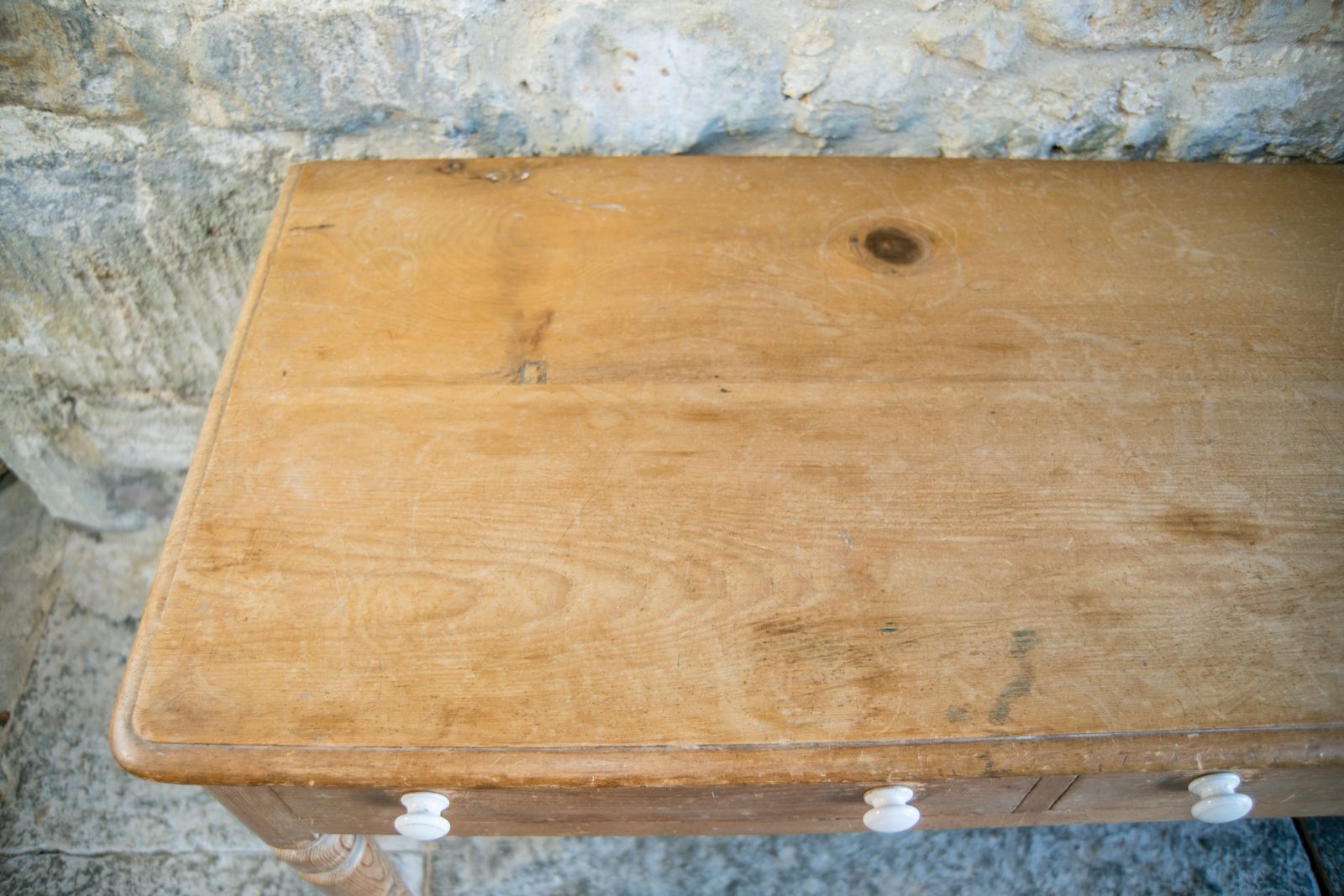 Furniture Antique Pine Console With Drawers & White Knobs   Farmhouse Style photo