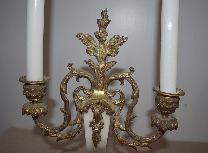 Pair Of Louis XV Chandelier In Marble & Bronze 19th photo vintage