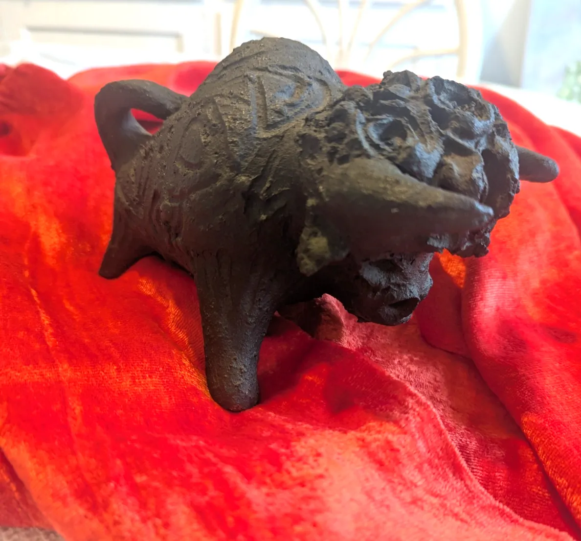 Vintage Mid Century Gothic Hand Made Bull Sculpture Matt Black Clay