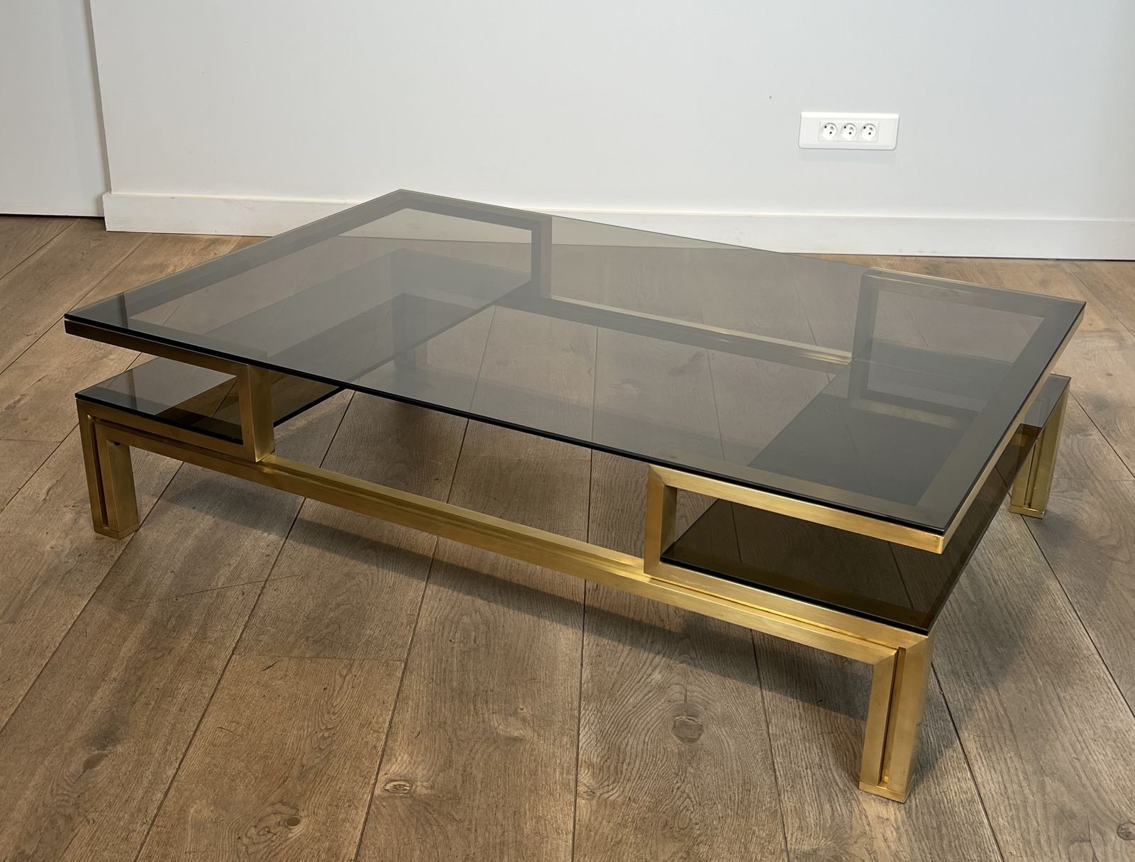 5800.0 Modernist Coffee Table In Brass And Smoked Glass Tops By Guy Lefèvre For Maison Jansen photo