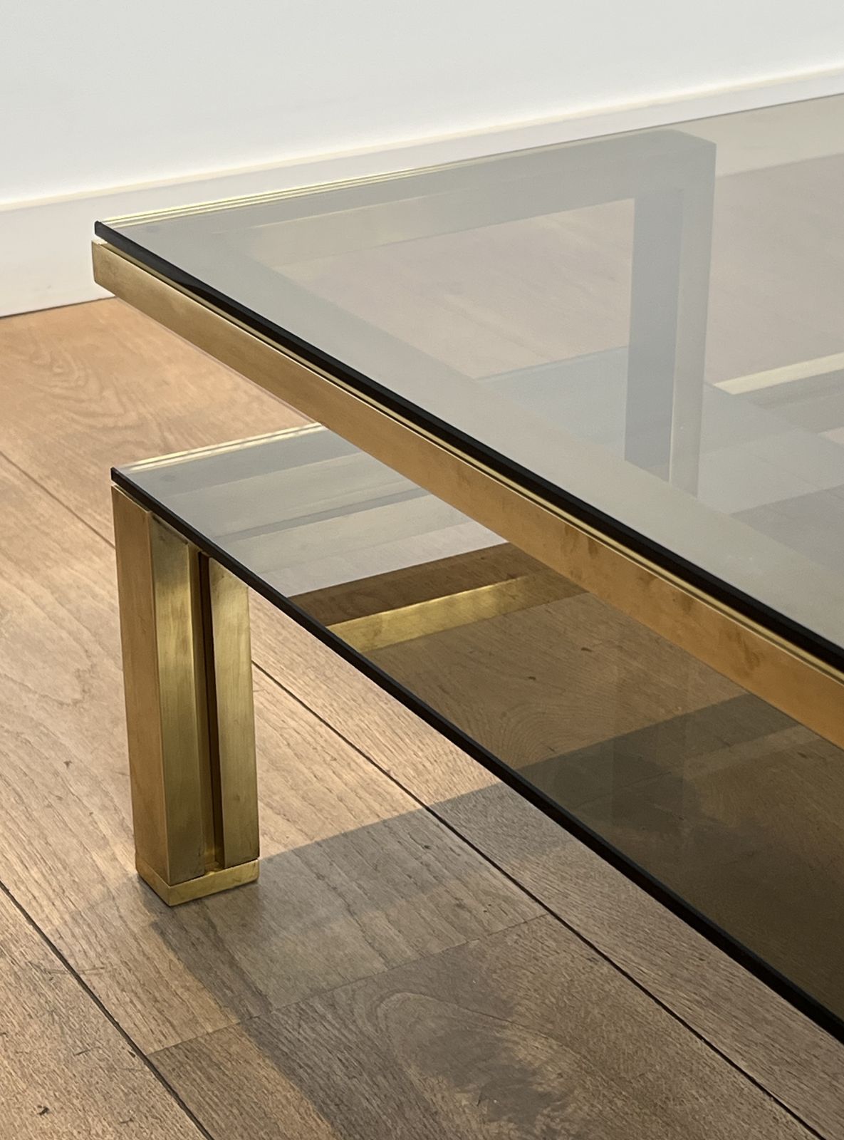 photo vinterior Modernist Coffee Table In Brass And Smoked Glass Tops By Guy Lefèvre For Maison Jansen