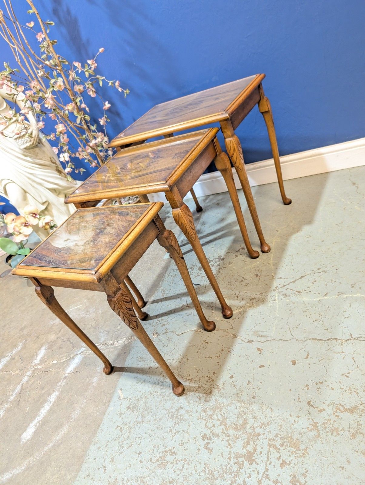 Vintage Nest Of Tables Queen Anne Legs With Glass Top Walnut Veneer photo vinterior
