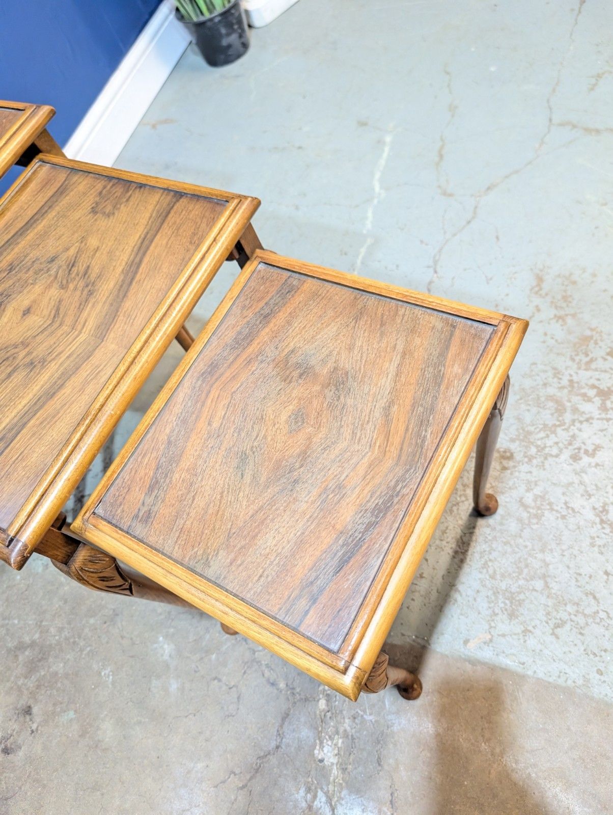 photo furniture Vintage Nest Of Tables Queen Anne Legs With Glass Top Walnut Veneer