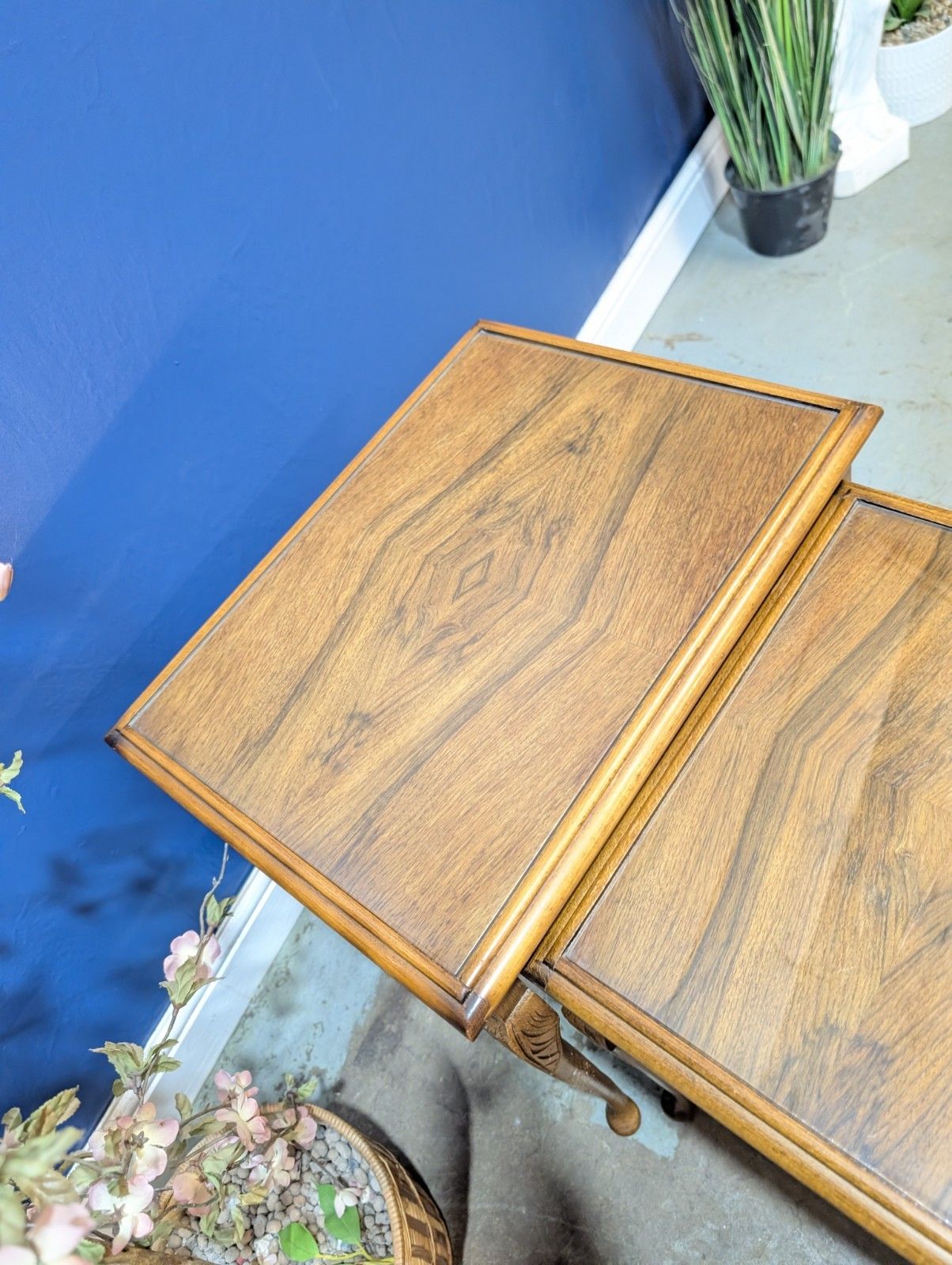 Furniture Vintage Nest Of Tables Queen Anne Legs With Glass Top Walnut Veneer photo