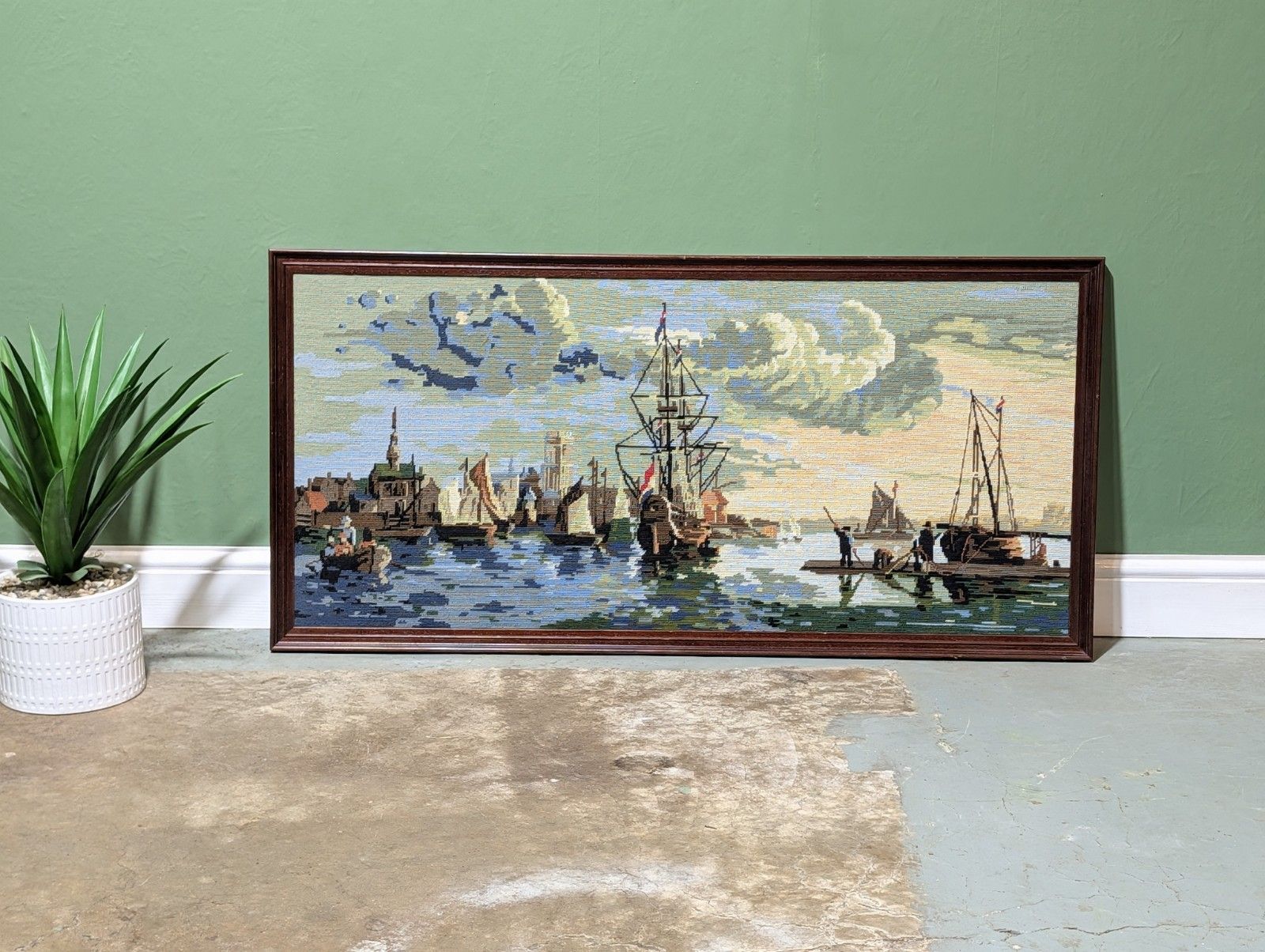Large French Cross Stitch Tapestry Framed Aelbert Cuyp Boats In The Harbour.
