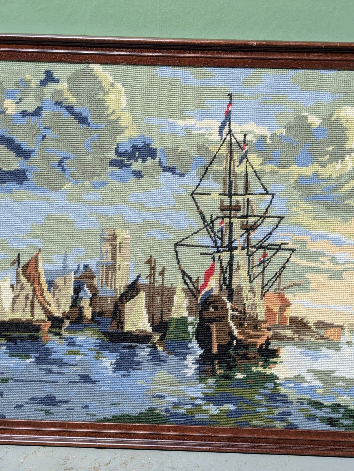 Large French Cross Stitch Tapestry Framed Aelbert Cuyp Boats In The Harbour. photo Art