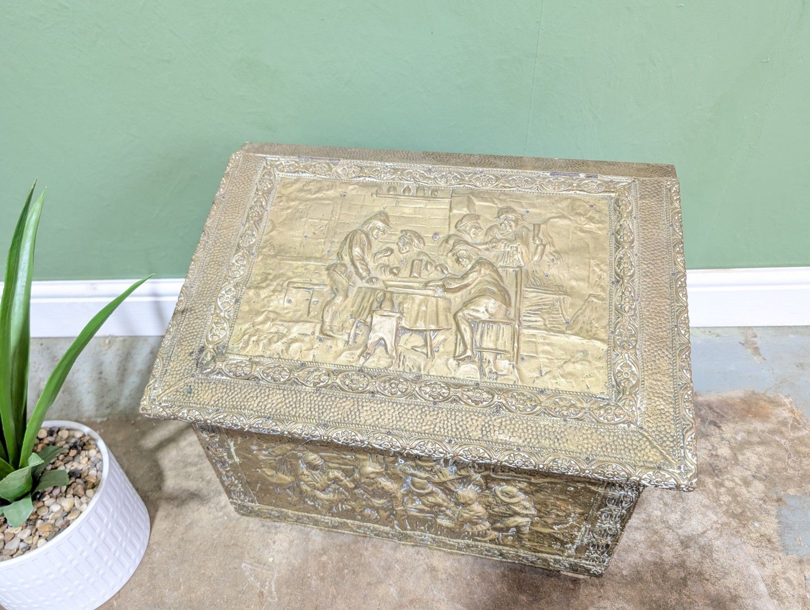 Victorian Embossed Brass Coal Box On Ceramic  Design Kindling Storage Tavern photo for sale