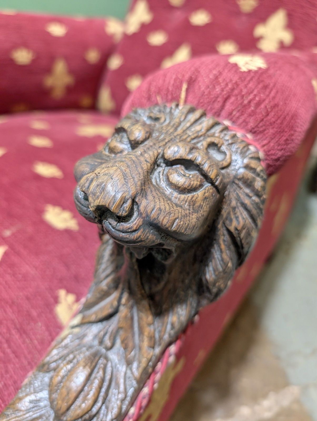 Furniture Antique Victorian Oak Carved Armchair With Lions Head Fleur De Lis Fabric photo