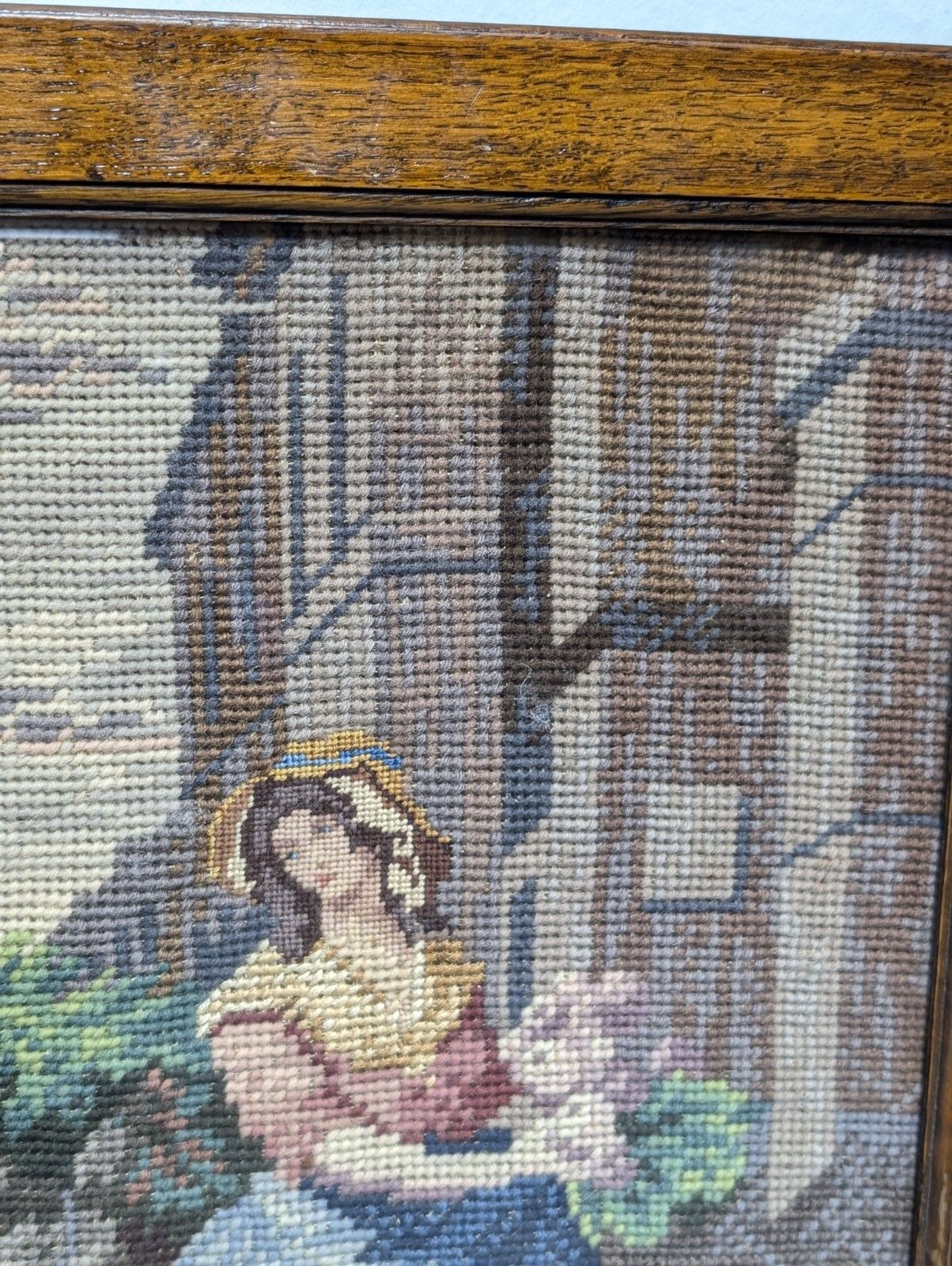 Vintage Framed Glazed French Tapestry French Turnip Seller Lady And Donkey photo for sale