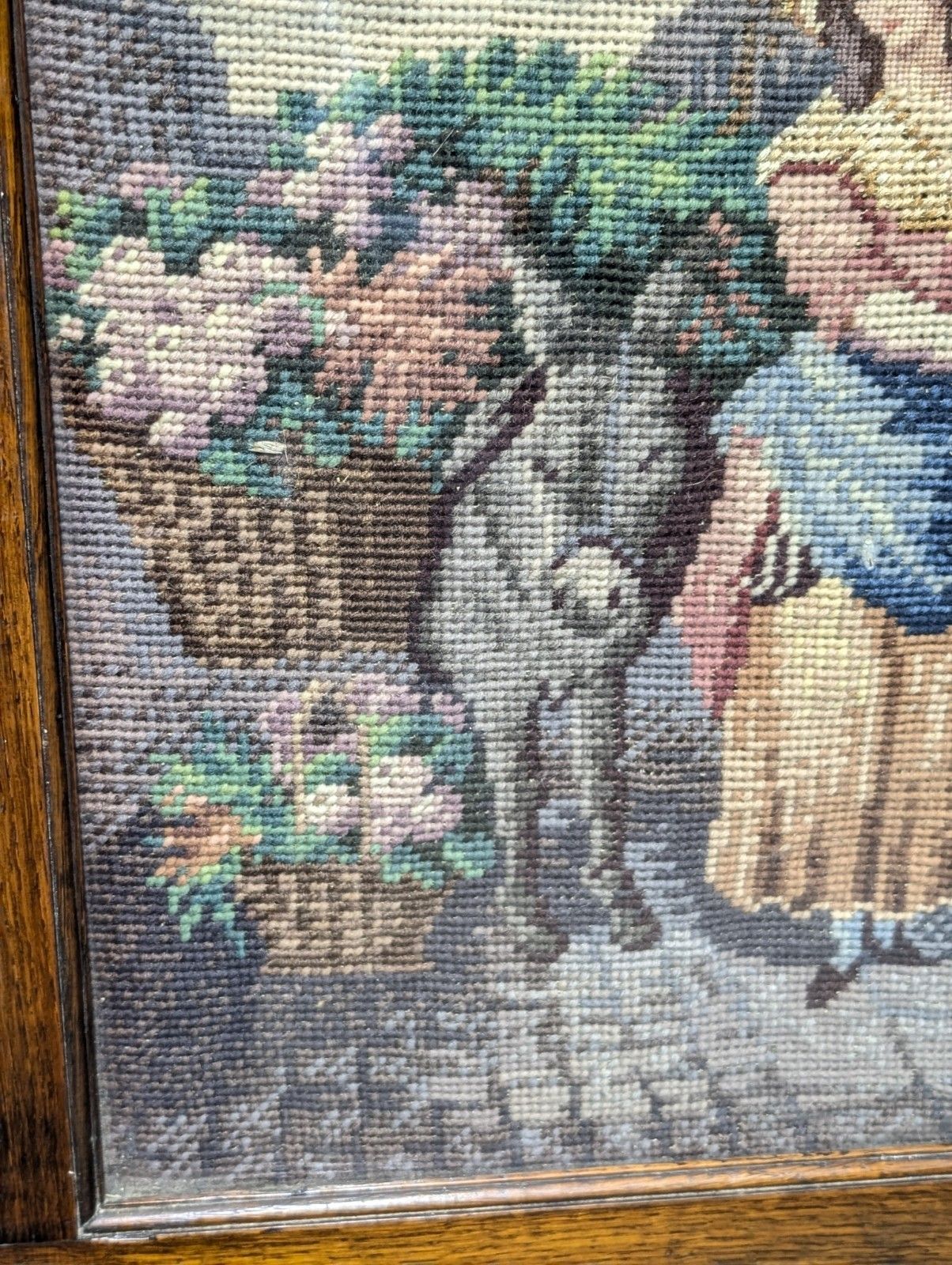 Vintage Framed Glazed French Tapestry French Turnip Seller Lady And Donkey photo buy