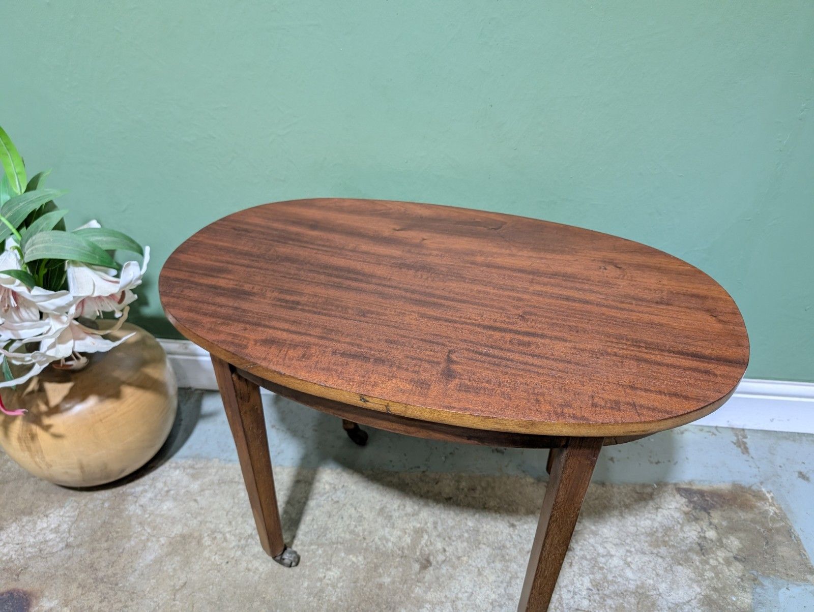 photo for sale Antique Mahogany Oval Top Side Table On Brass Castors Wine End Plant Stand.