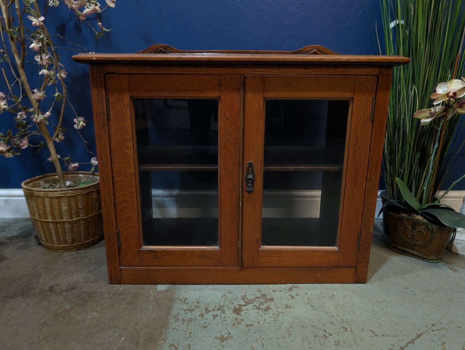 Antique Art Deco Oak Cupboard Glass Wall Display Cabinet  Double Vintage photo for sale
