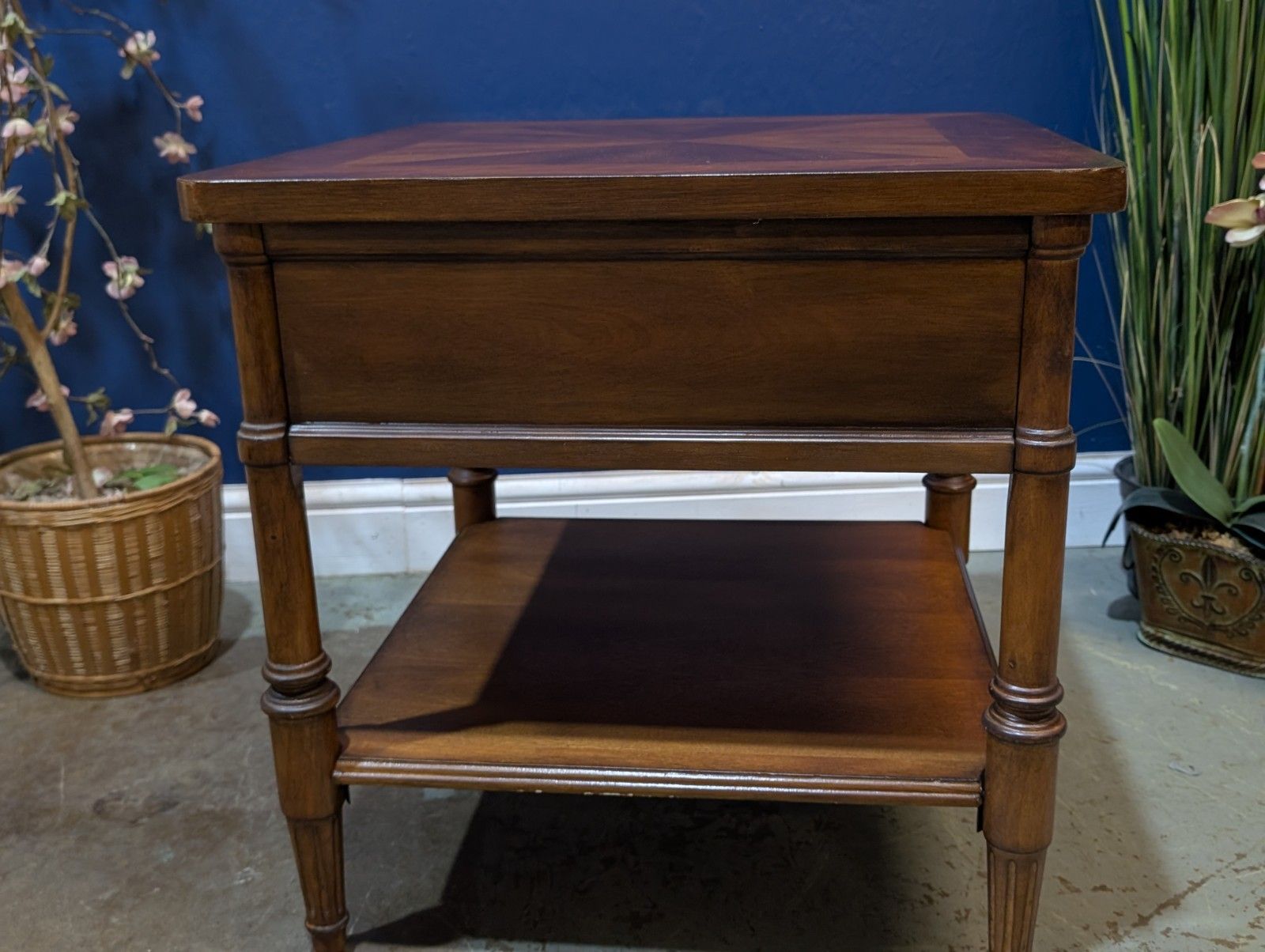 photo for sale Vintage Contemporary Mahogany Single Drawer Two Tier Occasional Table Inlaid