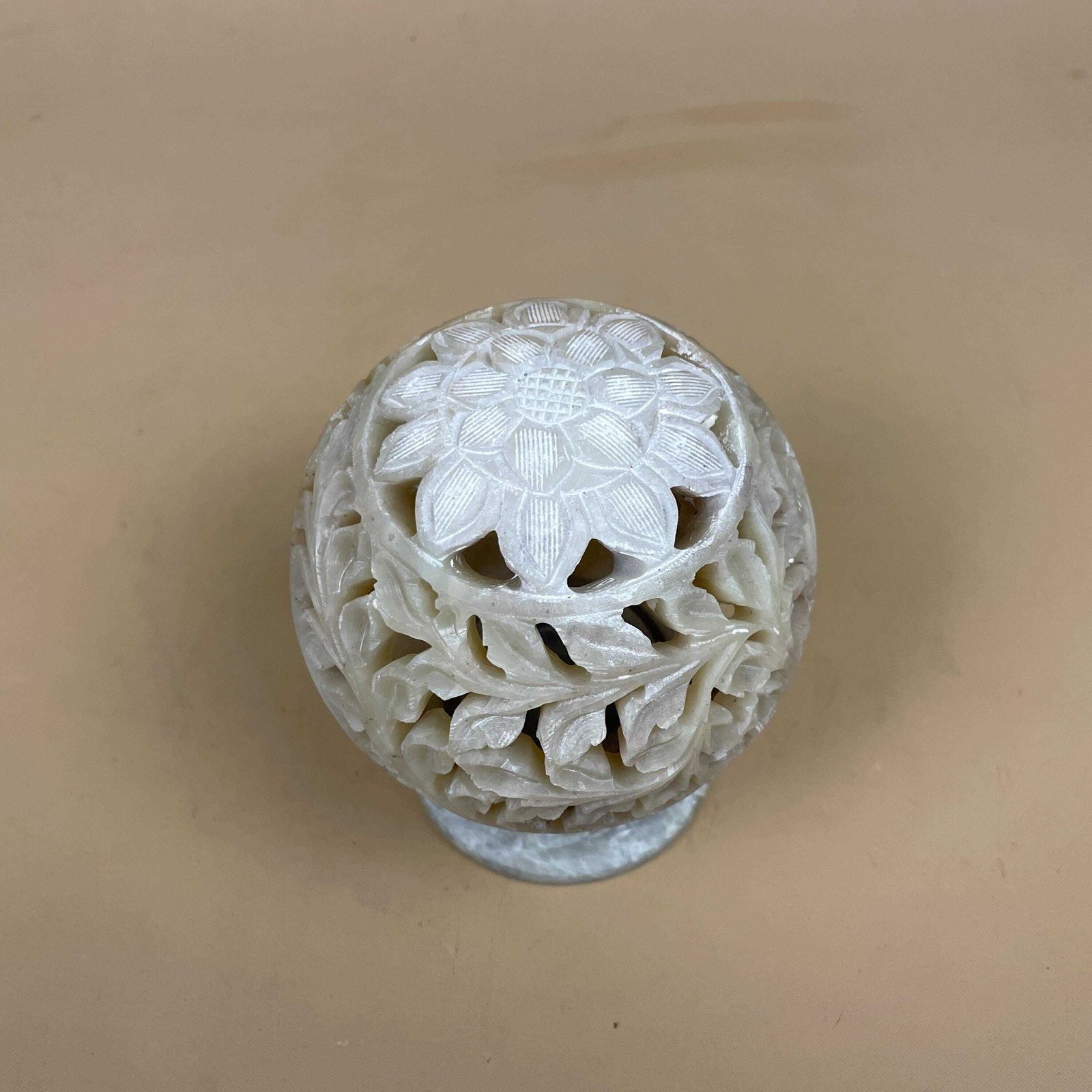 Antique Indian Candle Holder Ornate Vintage Lantern Tea Light India Candlestick Pattern Traditional Handmade Carved Cut Out Soap Stone Ball photo Home Decor