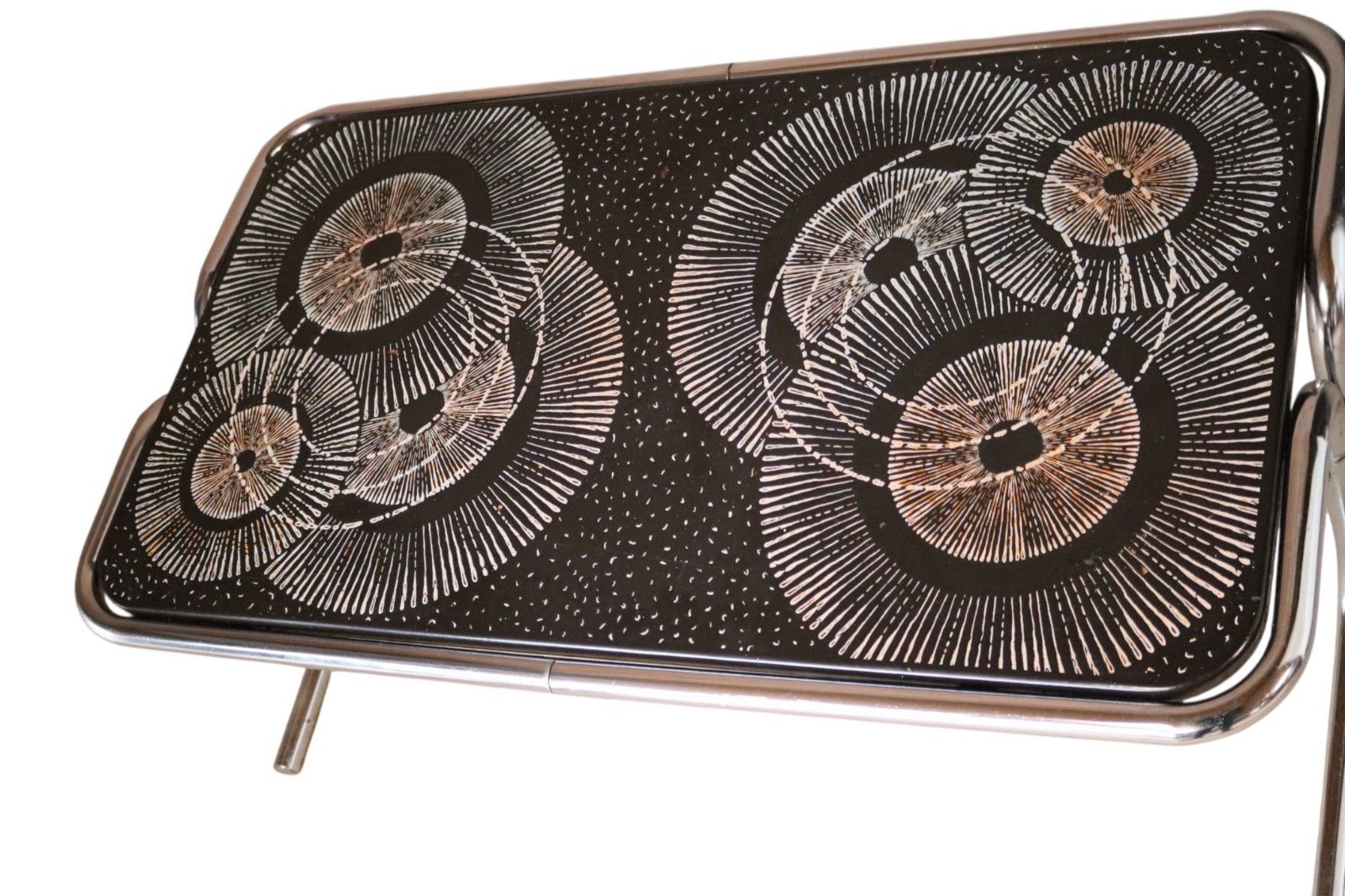 Mid Century 1970s Tubular Chrome Coffee Table Retro Space Age Sunburst Top photo for sale