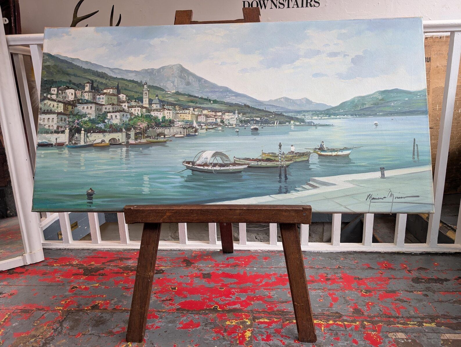 Large Scale Mid 20th Century Italian Oil On Canvas 'Lake Como' By Mariano Moreno. photo furniture