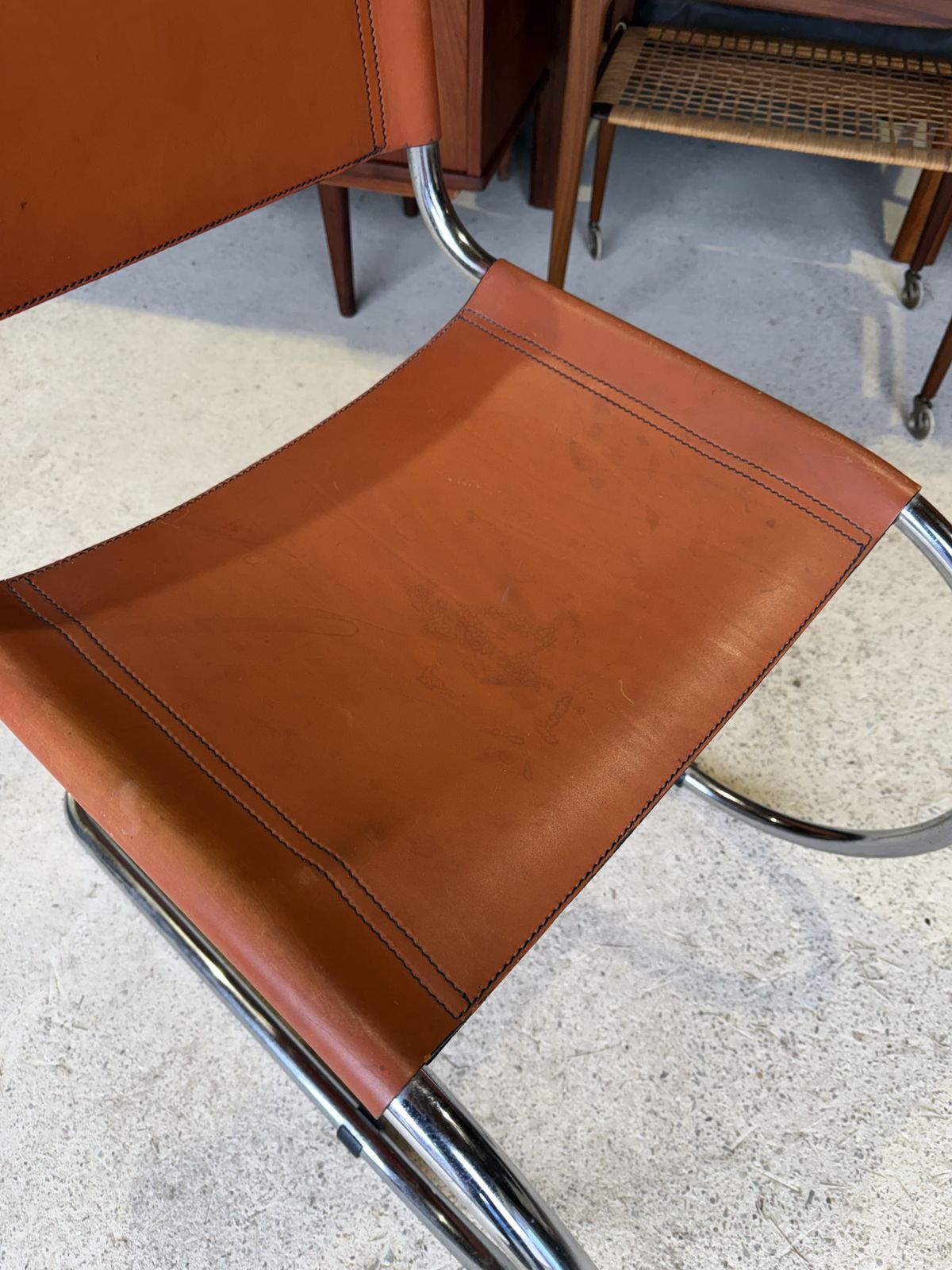 Furniture Tan Leather Mr10 Cantilever Chair In The Manner Of Ludwig Mies Van Der Rohe Bauhaus photo