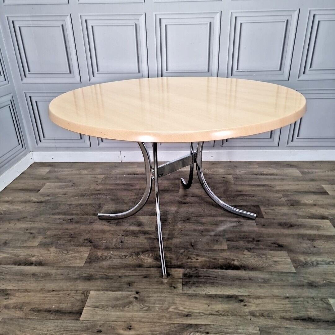 Retro Chrome Dining Table Modernist Round Frovi Wood Top Mid Century Modern