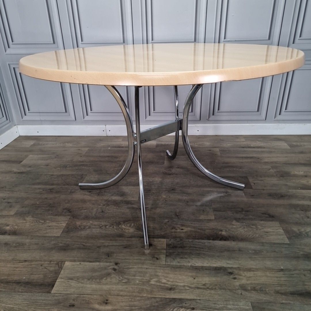 Retro Chrome Dining Table Modernist Round Frovi Wood Top Mid Century Modern photo Furniture