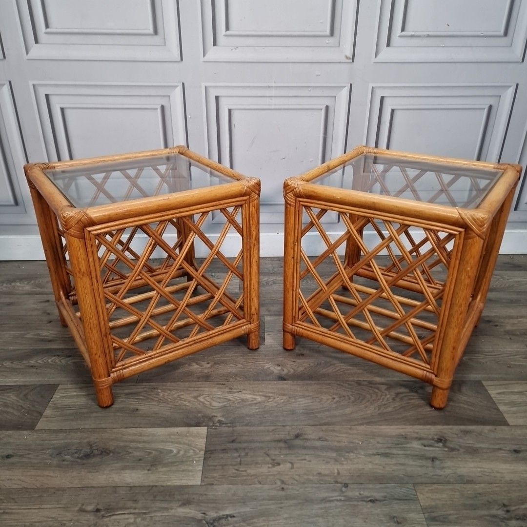 Pair Retro Side Tables Vintage Rattan & Glass Bedside – Boho Coastal Tiki Cane photo furniture