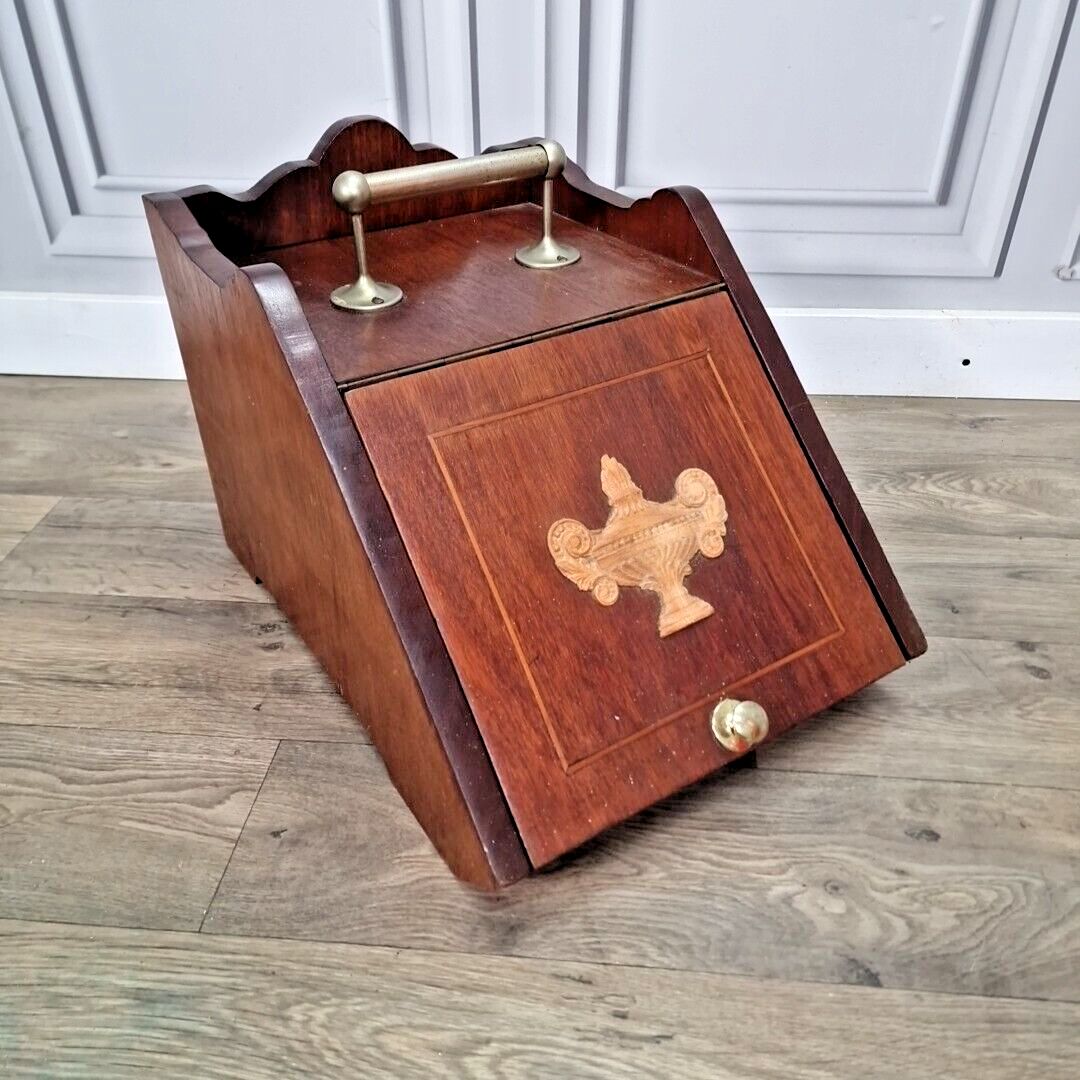 Antique Edwardian Coal Scuttle Cabinet Wooden Fireside Storage Box Wood