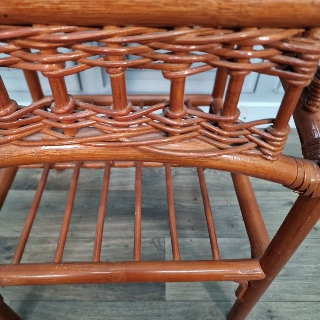 Vintage Bamboo Side Table Smoked Glass Top Coffee – Retro Boho Lamp Plant photo vintage