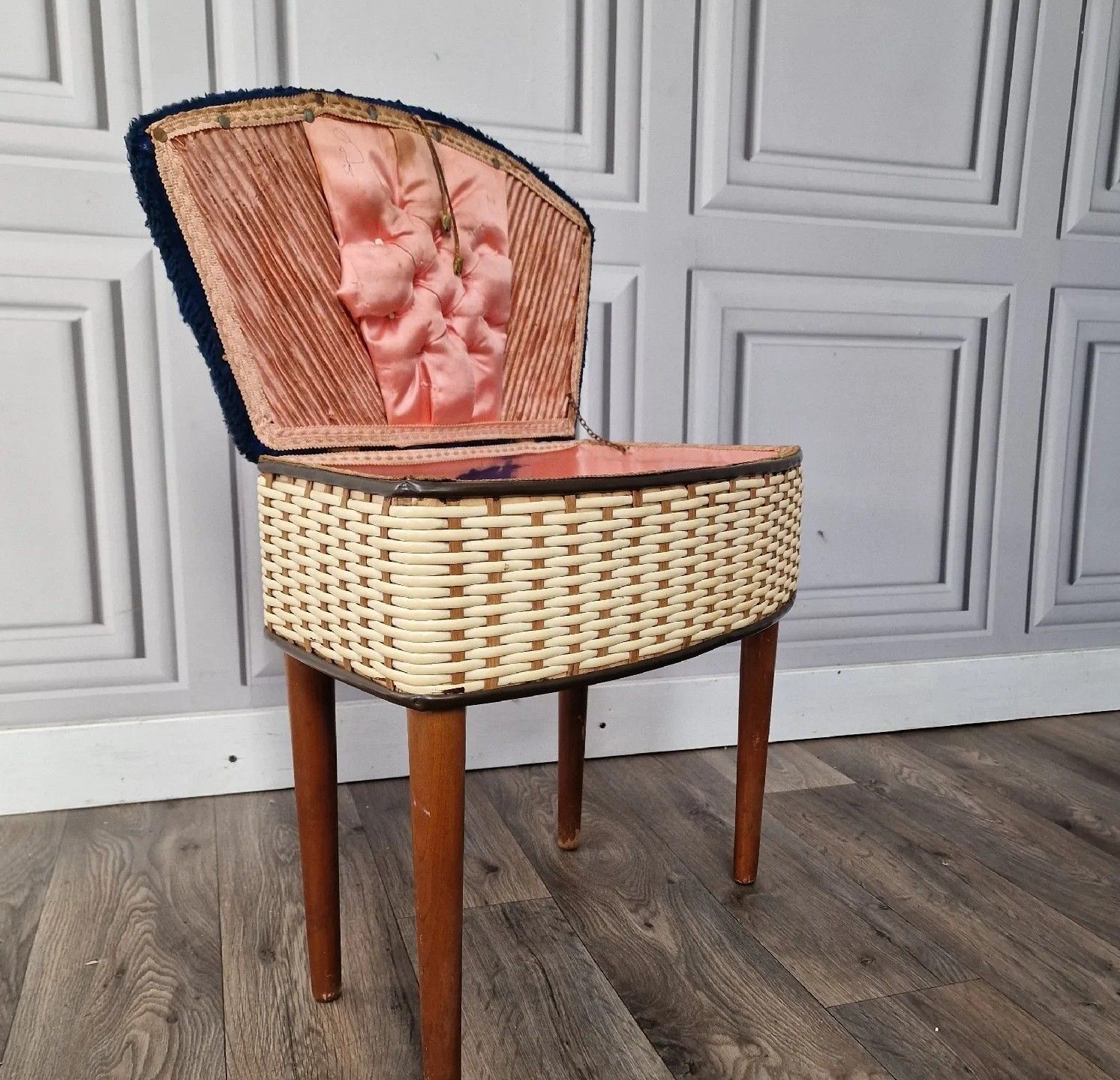 photo furniture Vintage Sewing Storage Box Foot Stool Ottoman Mid Century Retro Weaved