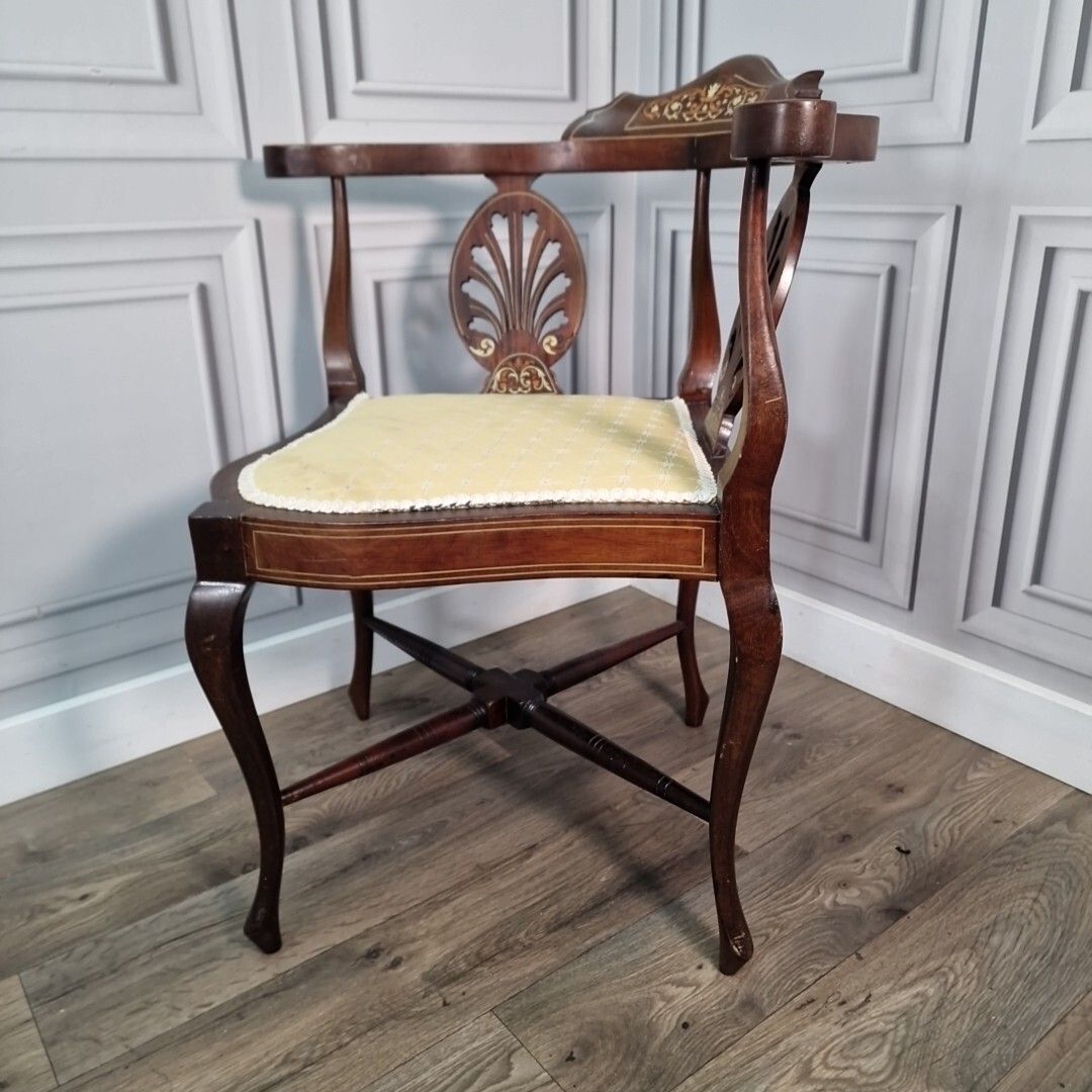 photo vinterior Antique Corner Chair Victorian Wooden Inlaid Carver Armchair Hall Mahogany
