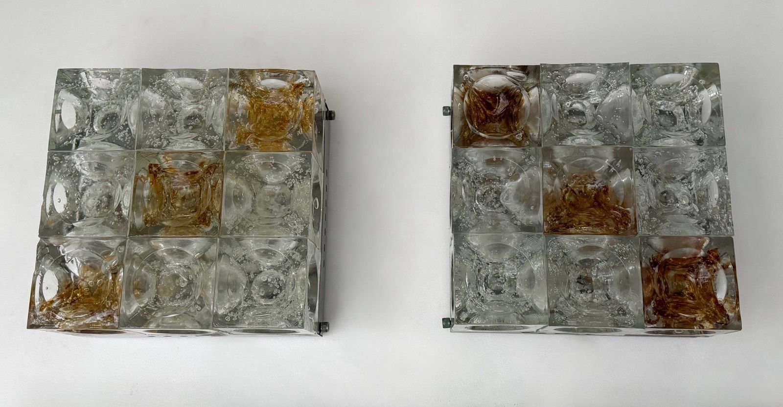Pair Of Glass Cube Square Metal Sconces By Poliarte, Italy, 1970s