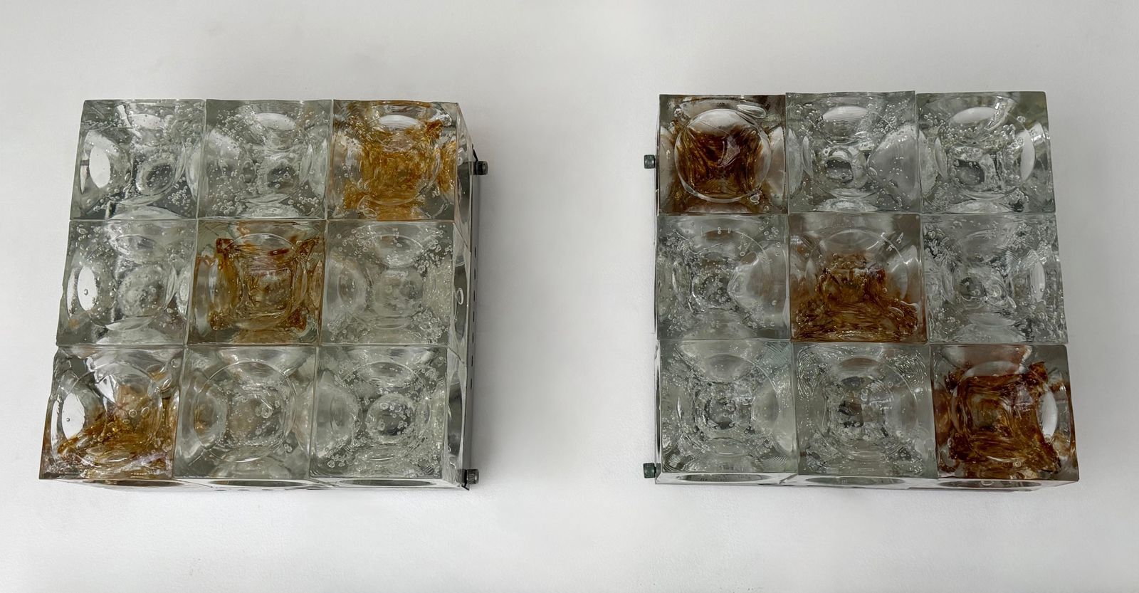 photo for sale Pair Of Glass Cube Square Metal Sconces By Poliarte, Italy, 1970s