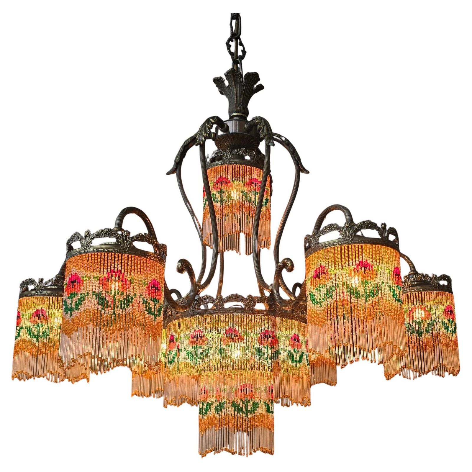 Beaded Glass Chandelier With Floral Motif photo for sale