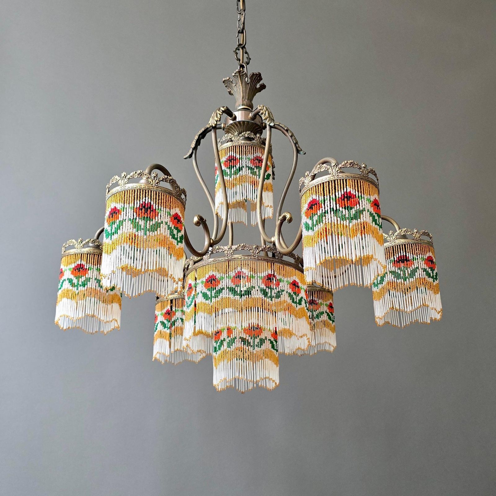 Beaded Glass Chandelier With Floral Motif photo vinterior
