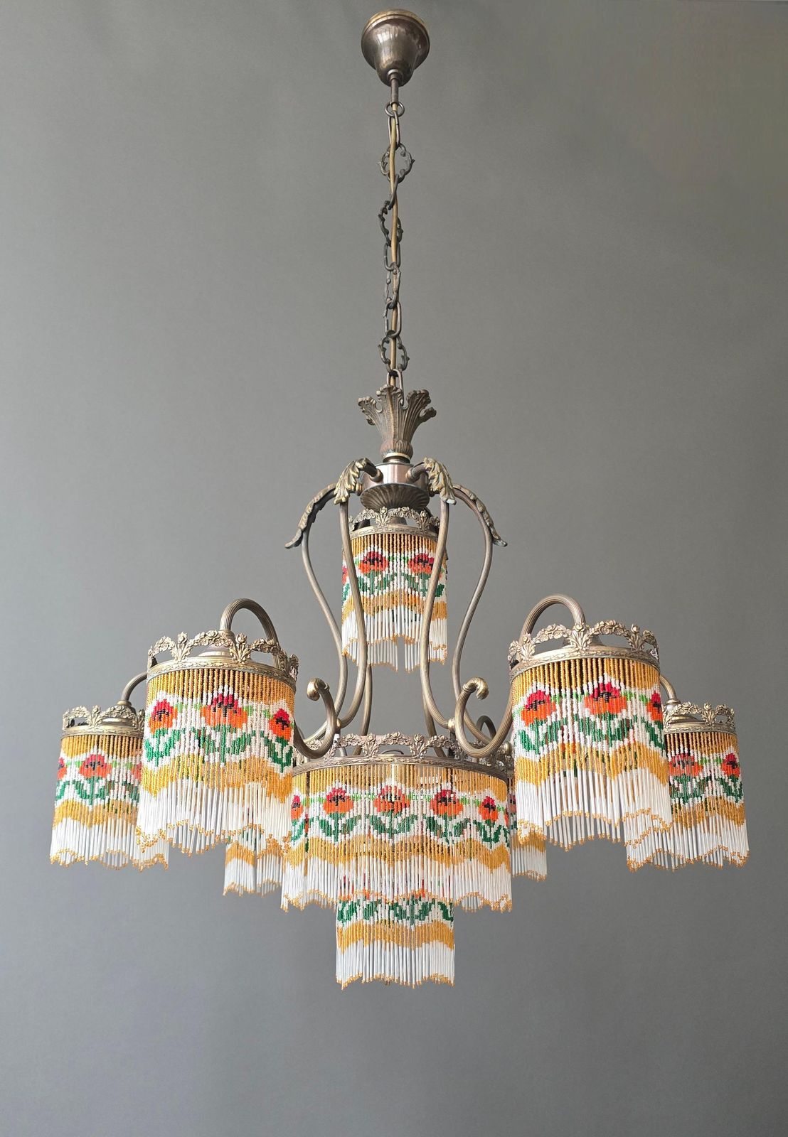 Beaded Glass Chandelier With Floral Motif photo vintage
