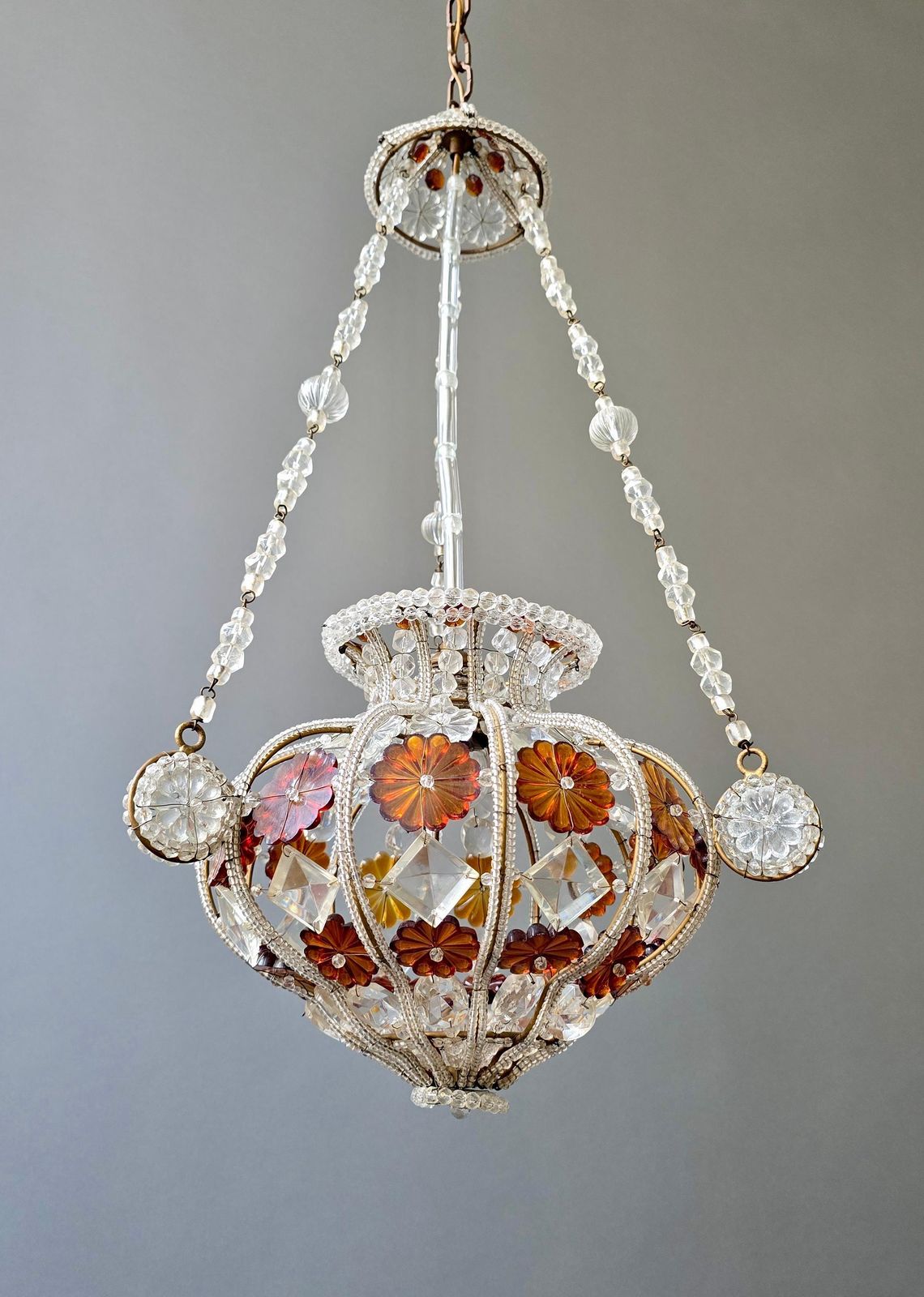 Antique Beaded Glass Chandelier With Amber Floral Elements, Europe, Circa 1920s photo furniture