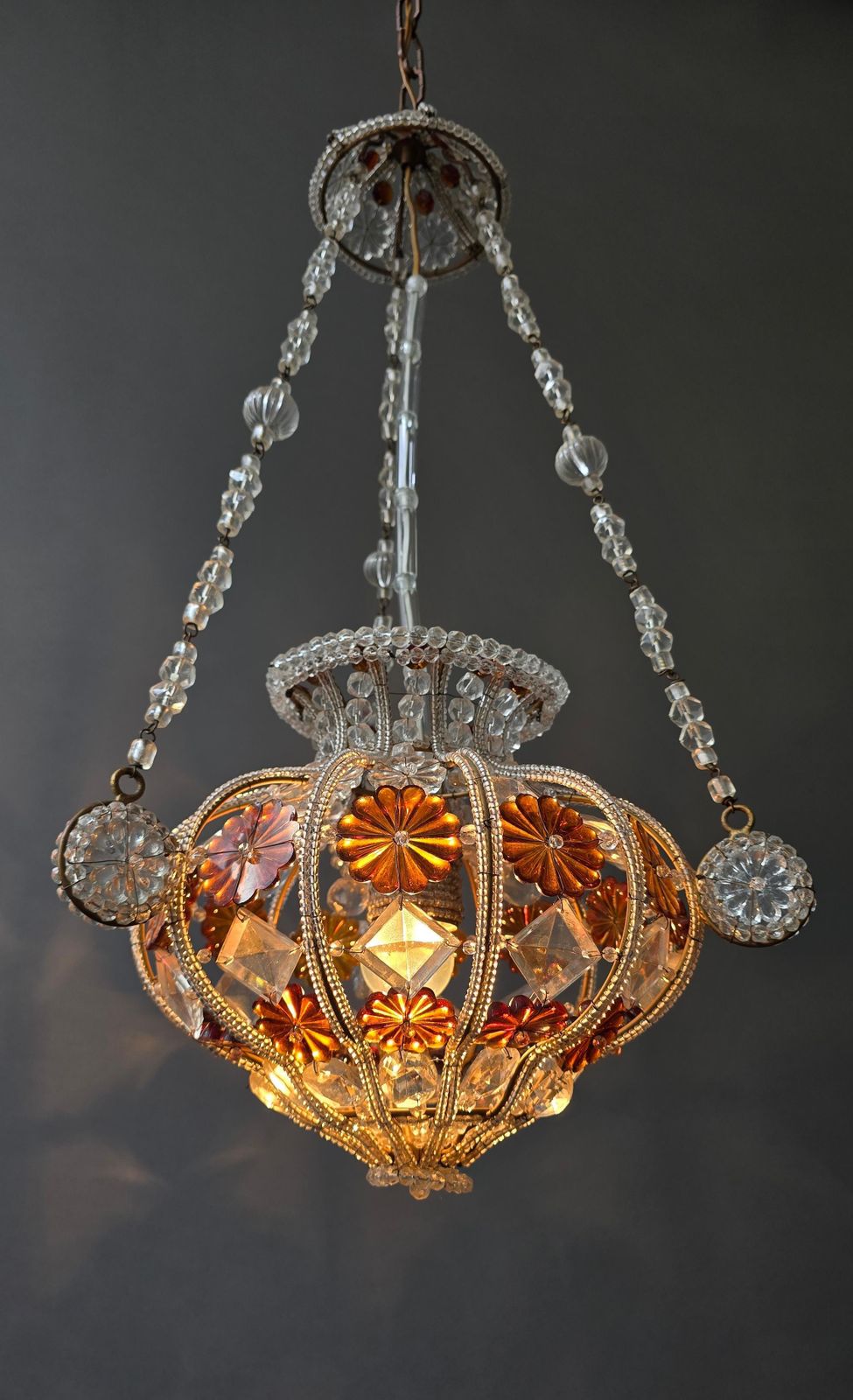 Antique Beaded Glass Chandelier With Amber Floral Elements, Europe, Circa 1920s photo for sale