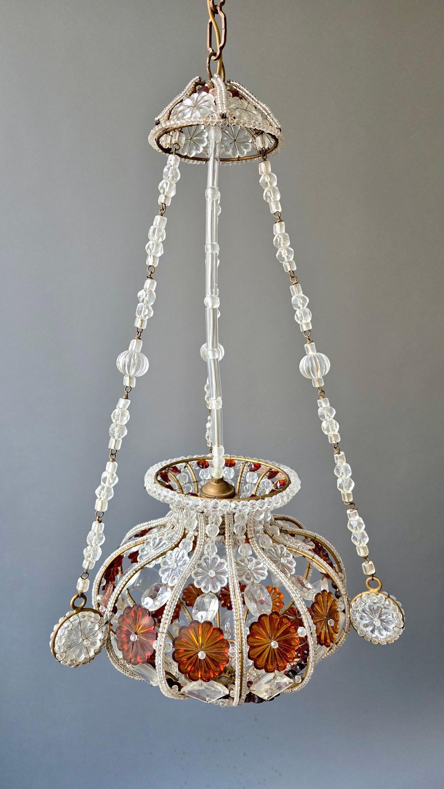 Lighting Antique Beaded Glass Chandelier With Amber Floral Elements, Europe, Circa 1920s photo
