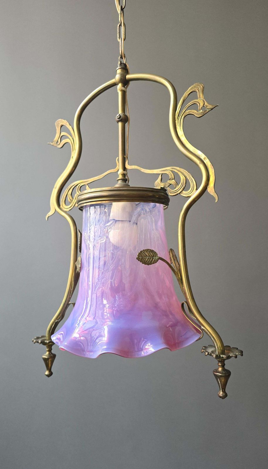 French Art Nouveau Brass Hanging Lantern With Opalescent Glass, Circa 1900 photo 3025.0