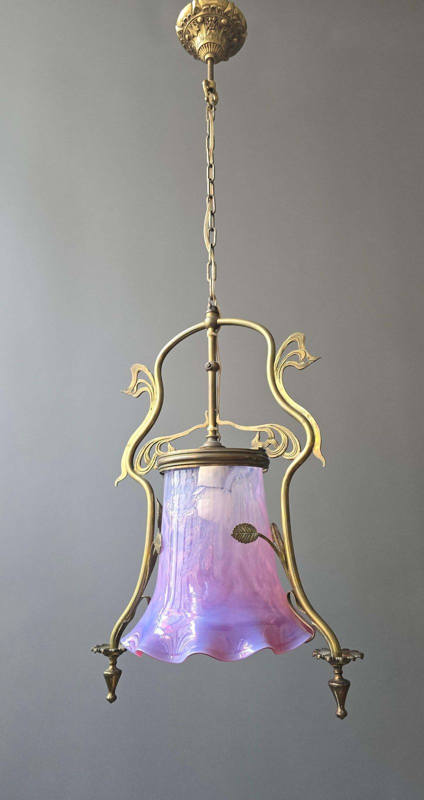 French Art Nouveau Brass Hanging Lantern With Opalescent Glass, Circa 1900 photo vinterior
