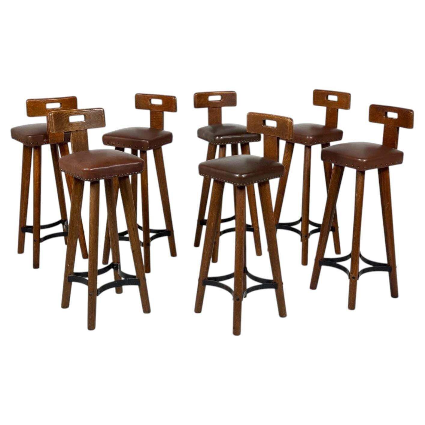 Brutalist Bar Stool, Wood And Leather, 1970s   7 Available