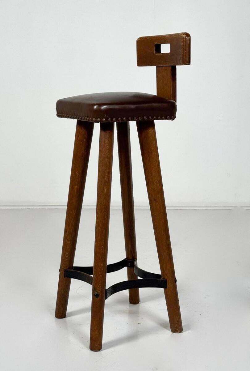 Brutalist Bar Stool, Wood And Leather, 1970s   7 Available photo furniture