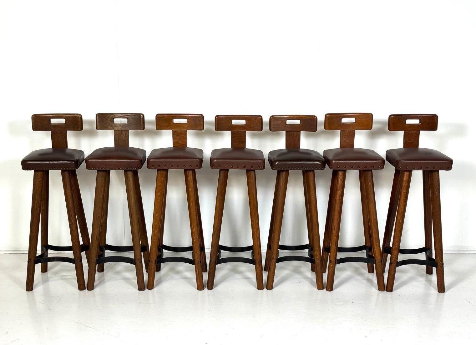 Brutalist Bar Stool, Wood And Leather, 1970s   7 Available photo for sale