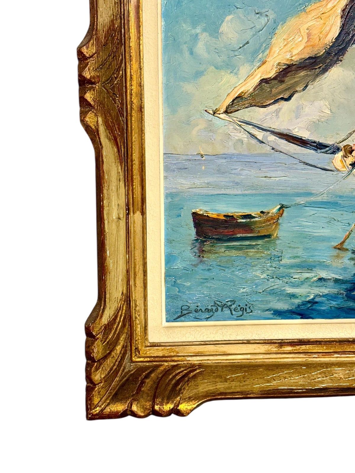 Art French Coastal Sailboats, Oil On Board By Bernard Régis, C. 1950s–60s photo