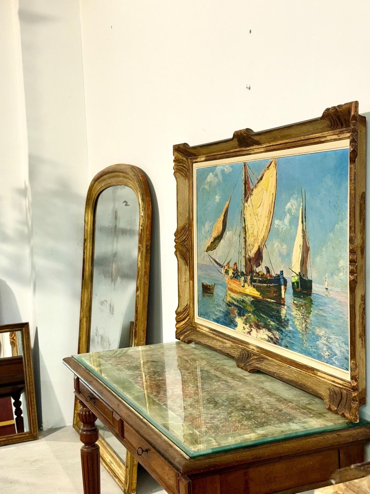 photo vintage French Coastal Sailboats, Oil On Board By Bernard Régis, C. 1950s–60s