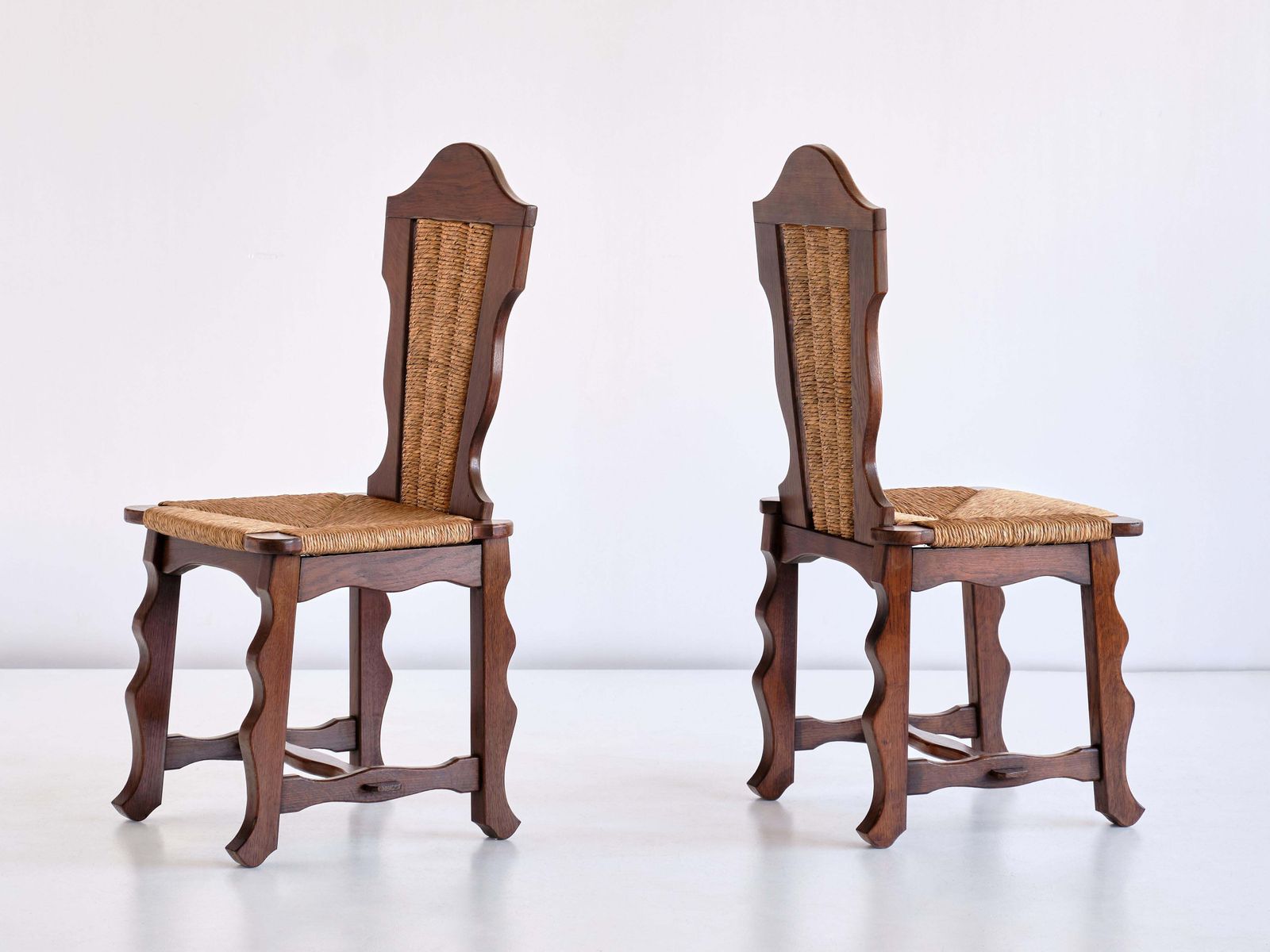 Set Of Six Victor Courtray Attributed Dining Chairs In Oak And Rush, 1950s photo Furniture