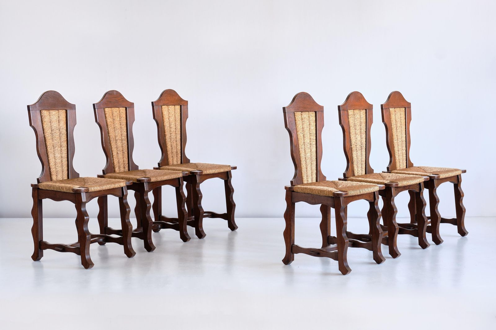 photo vinterior Set Of Six Victor Courtray Attributed Dining Chairs In Oak And Rush, 1950s